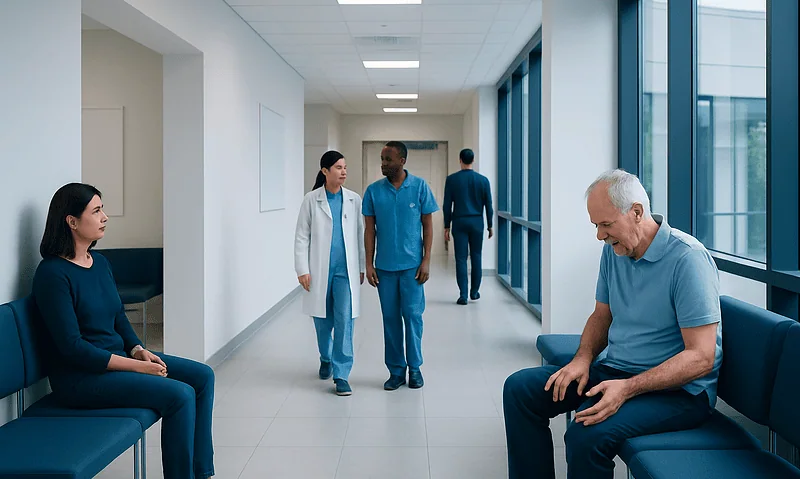 Patients and medical staff in a modern hospital corridor.