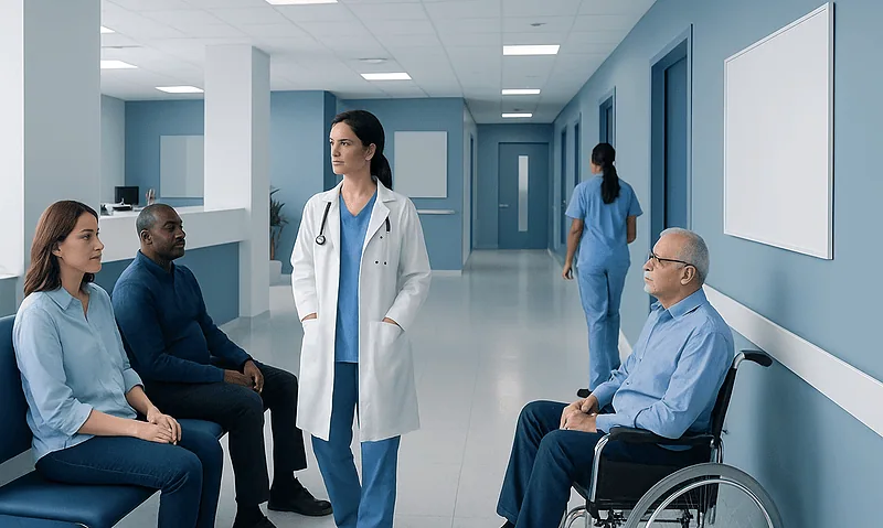 Medical team consulting patients in a hospital corridor.