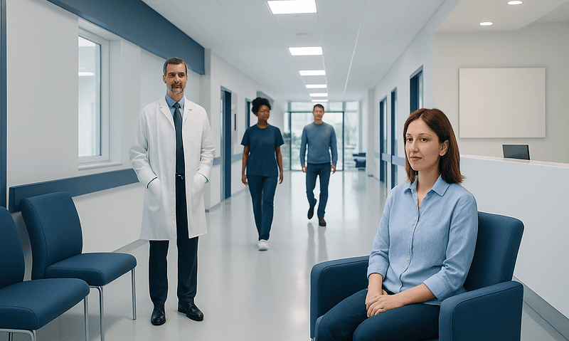 Medical team in hospital corridor with patient waiting area.