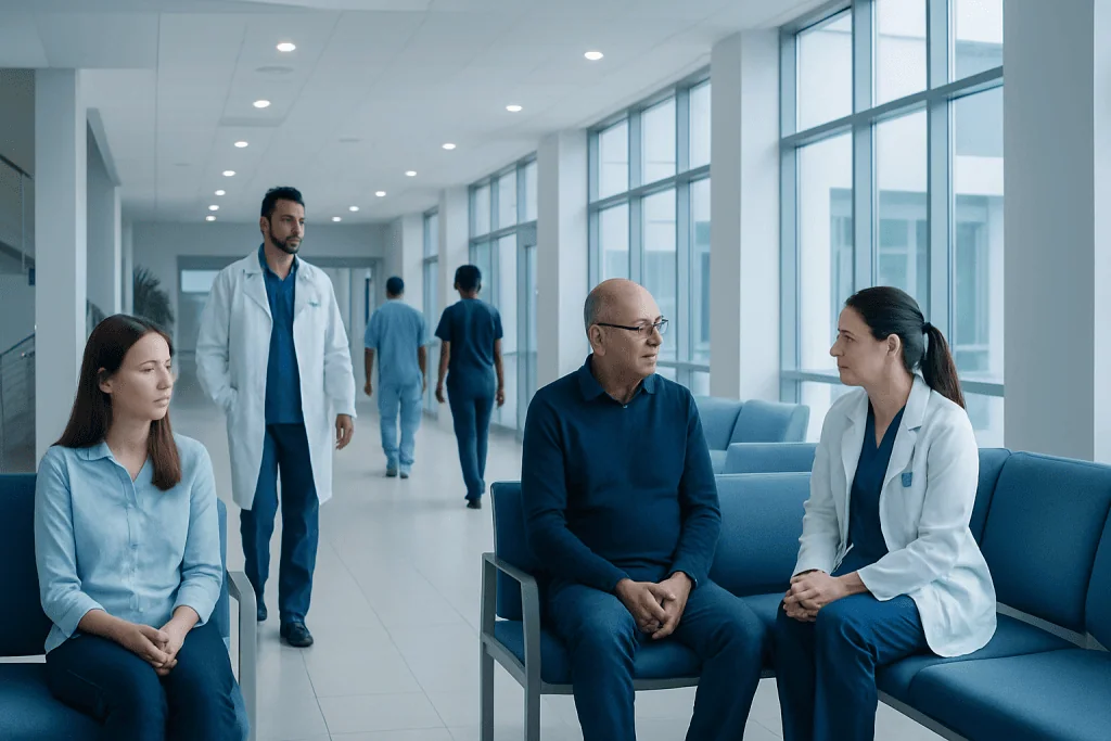 Optic Neuritis: Early Symptoms, Diagnosis, and Recovery Outlook 1 Medical consultation in a modern hospital corridor with doctors and patients.