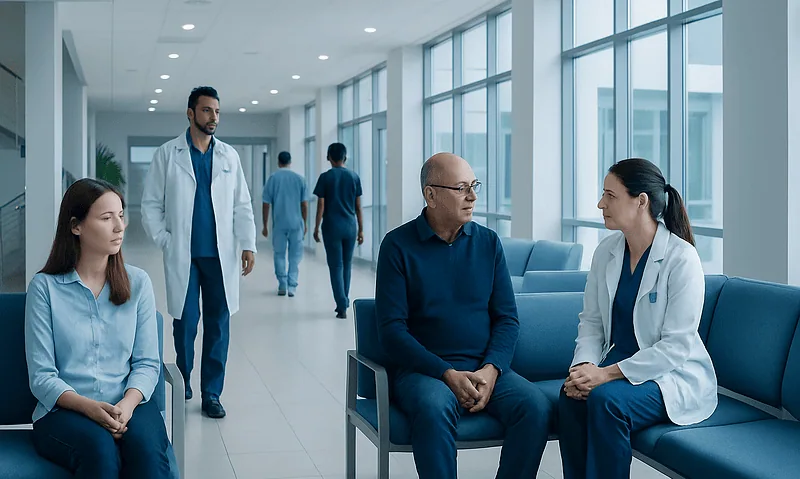 Medical consultation in a modern hospital corridor with doctors and patients.