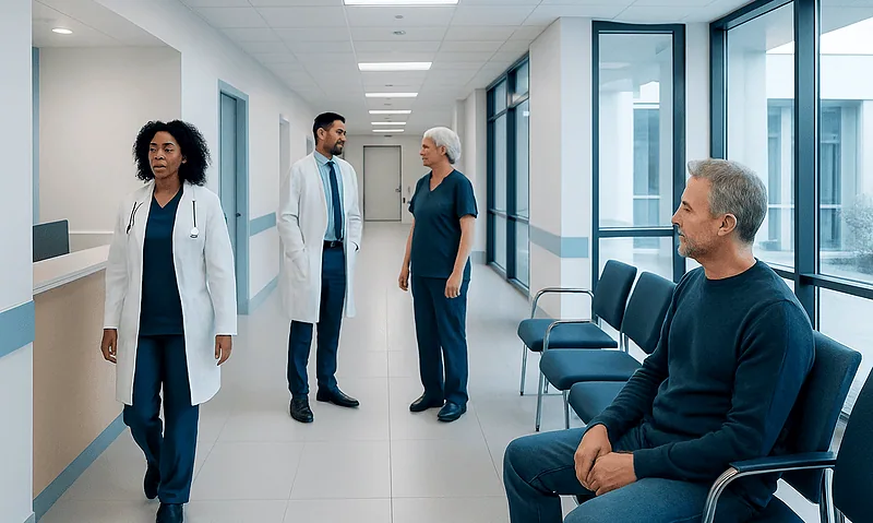 Medical professionals and patient in hospital corridor at Acibadem Hospitals Group.