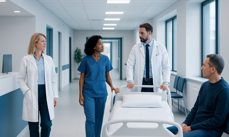 Medical team discussing patient care in hospital corridor.