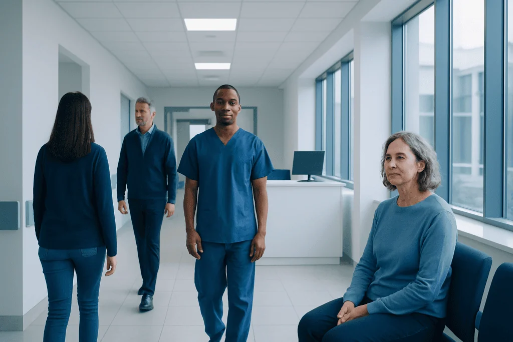 Involuntary Muscle Movements: Common Causes and When to Seek Urgent Care 1 Medical professionals and patient in a hospital corridor at Acibadem Hospitals Group.