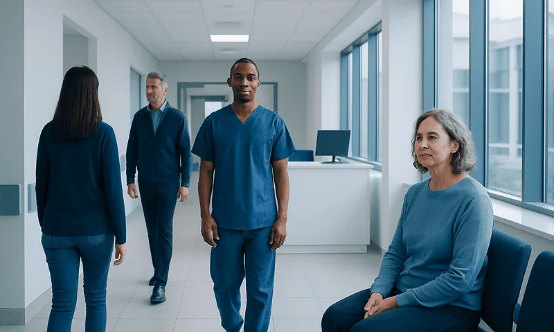 Medical professionals and patient in a hospital corridor at Acibadem Hospitals Group.