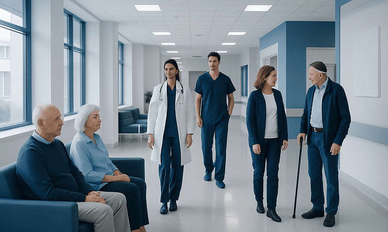 Medical team consulting elderly patients in hospital corridor.