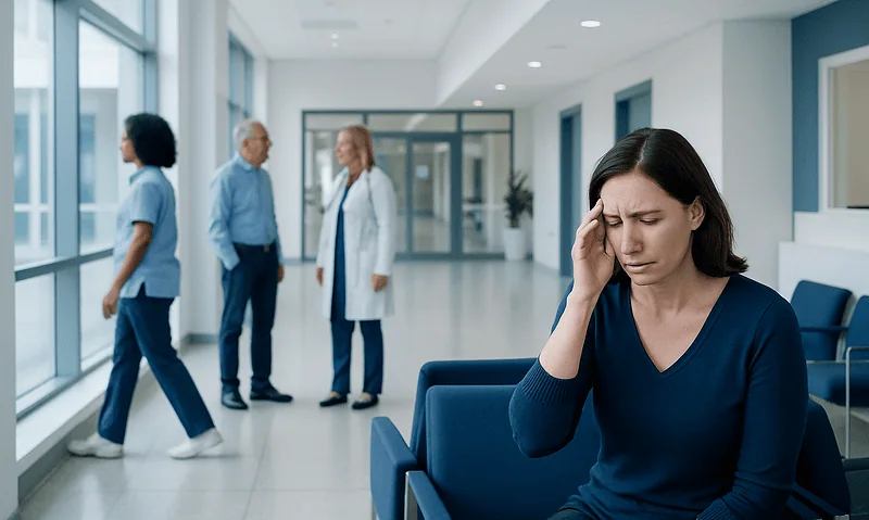 Woman with headache in hospital corridor, healthcare professionals in background.