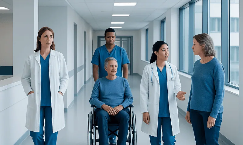 Medical team consulting with a patient in a hospital corridor.