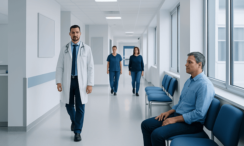 Doctor walking in hospital corridor with patients seated nearby.