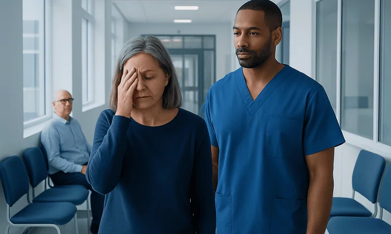 Woman experiencing headache with healthcare professional in hospital corridor.
