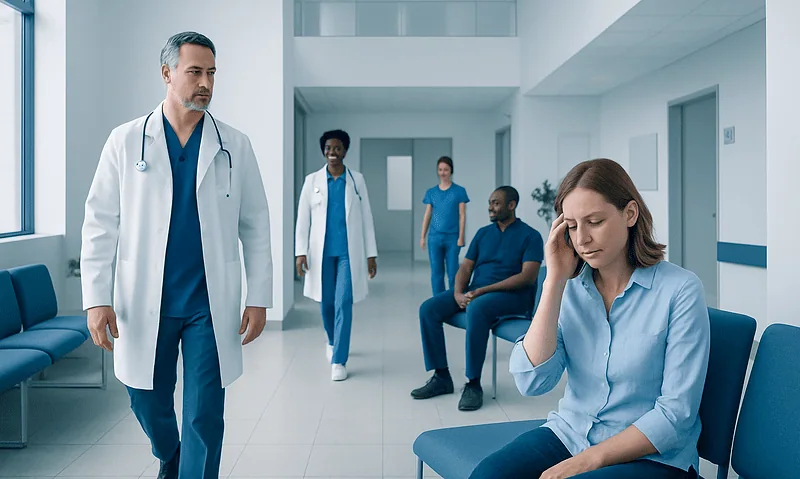 Patient experiencing headache in hospital waiting area with medical staff nearby.