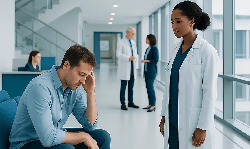 Patient distressed in hospital corridor with medical staff nearby.