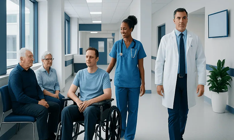 ALS vs Parkinson’s Disease: How Symptoms and Progression Differ 9 Medical team assisting elderly and young patients in hospital corridor.