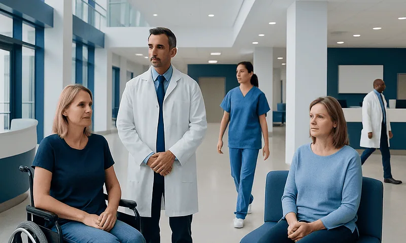 Medical consultation in a hospital with doctors and patients.