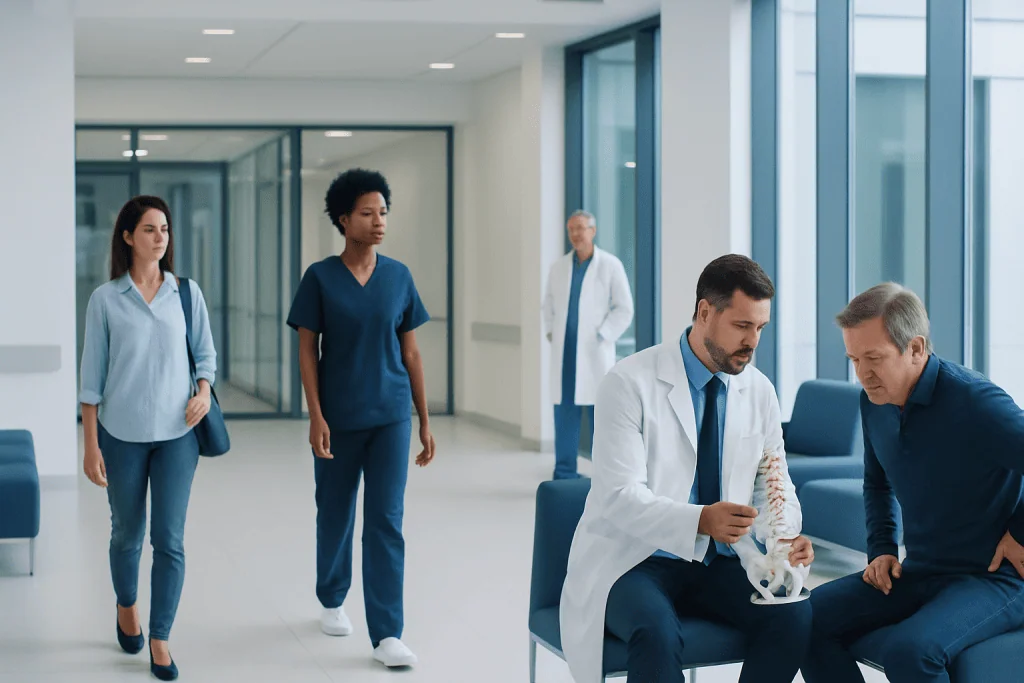 Slipped Disc vs Herniated Disc: Is There a Difference and Does It Matter? 1 Doctors consulting with a patient in a modern hospital corridor.