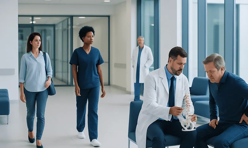 Doctors consulting with a patient in a modern hospital corridor.