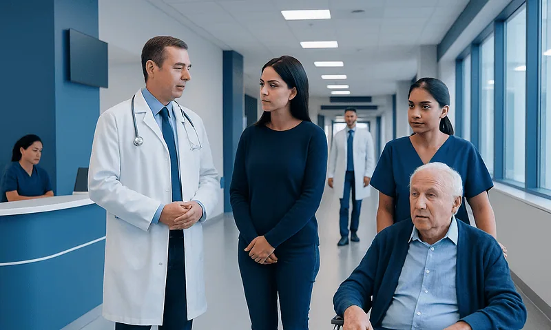 Medical team discussing patient care in hospital corridor.