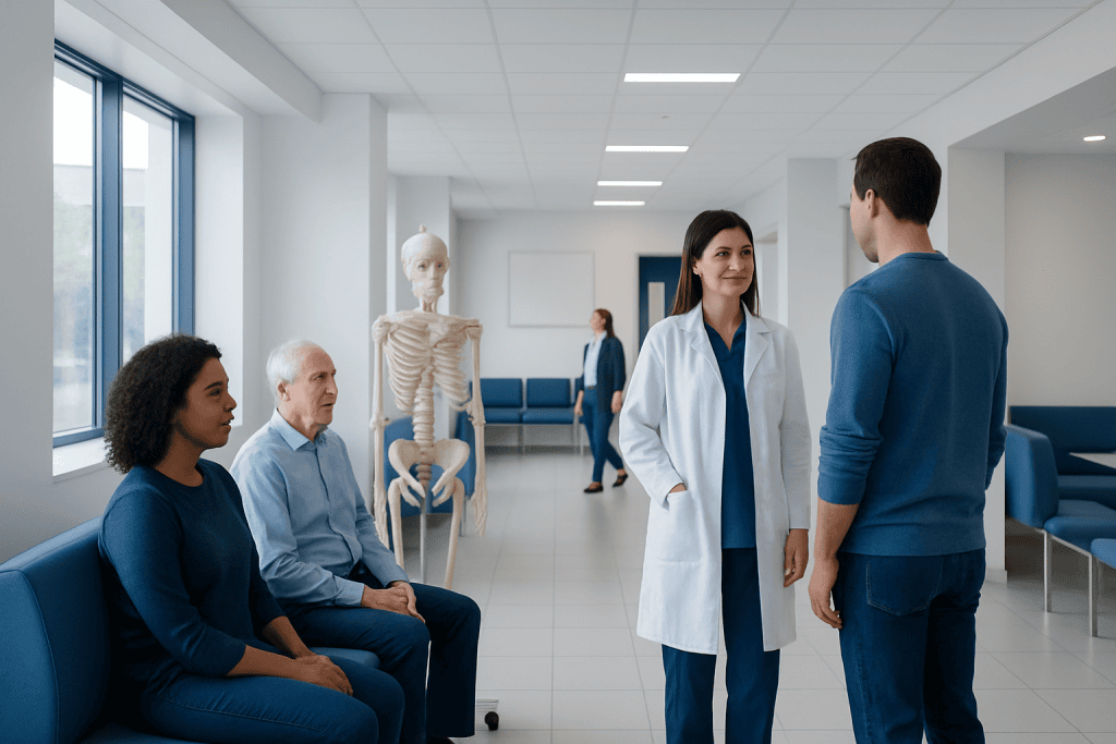 Are Bones and Joints the Same? A Simple Guide to Joint Anatomy 1 Medical consultation in a hospital waiting area with a skeleton model nearby.