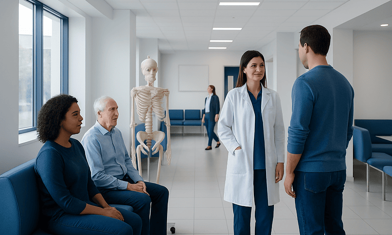 Medical consultation in a hospital waiting area with a skeleton model nearby.