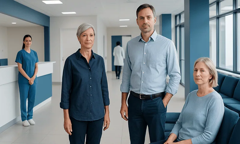 Medical team at Acibadem Hospitals Group with patients and staff in a modern clinic.