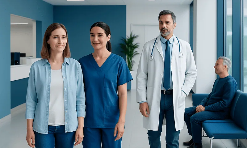 Healthcare professionals and patient in a hospital waiting area.