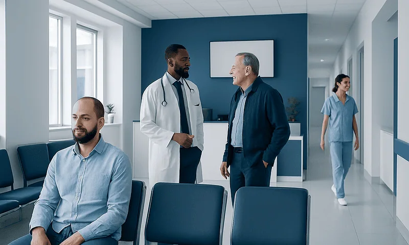 Doctor consulting with patient in a modern hospital waiting area.