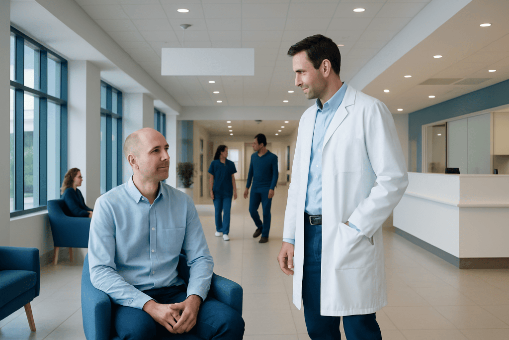 How Long Do Hair Transplants Last? 1 Doctor consulting a patient in a modern hospital lobby.