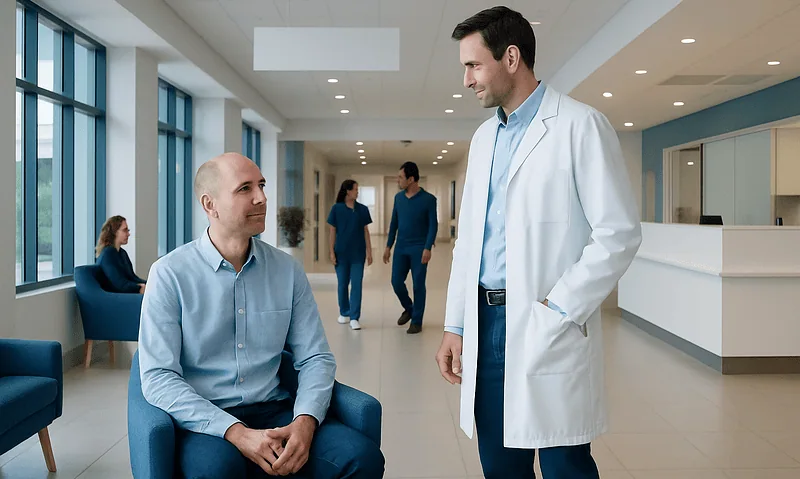 Doctor consulting a patient in a modern hospital lobby.