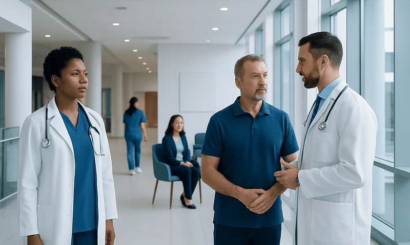 Doctors discussing patient care in a modern hospital corridor.
