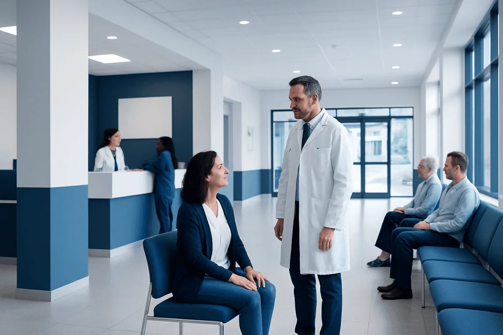 Hip Replacement vs Total Hip Replacement Explained 1 Doctor consulting with a patient in a modern hospital corridor.