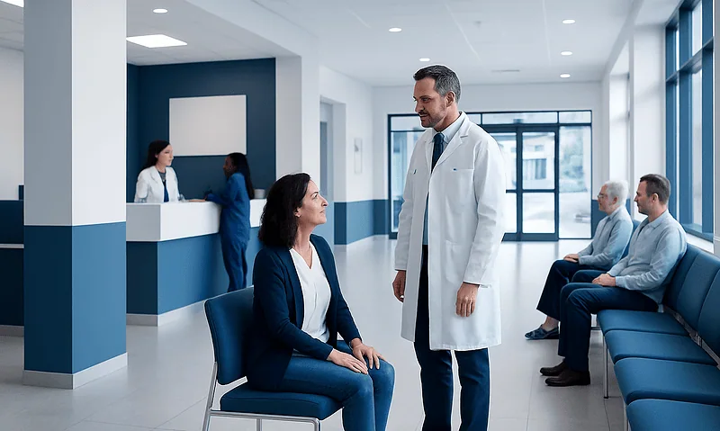 Doctor consulting with a patient in a modern hospital corridor.