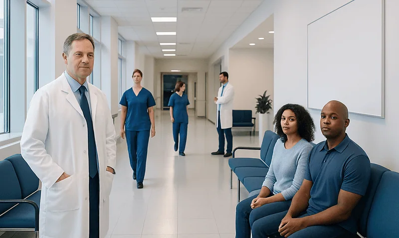 Medical professionals and patients in a modern hospital corridor.