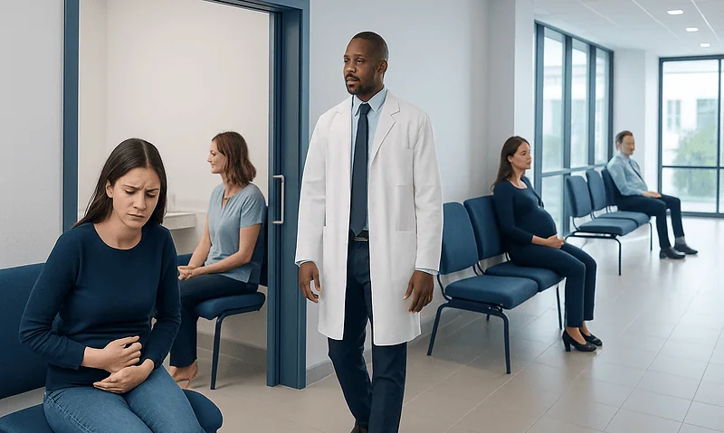 Patients waiting in a hospital corridor with a doctor present.