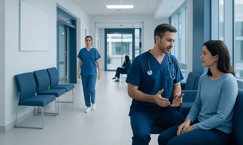 Doctor consulting patient in hospital corridor with medical staff in background.