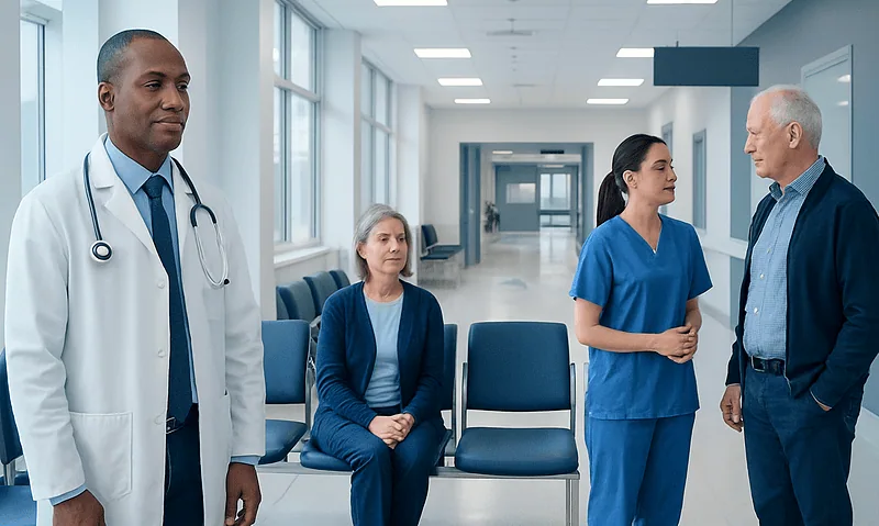 Medical professionals and patient waiting in hospital corridor at Acibadem Hospitals.