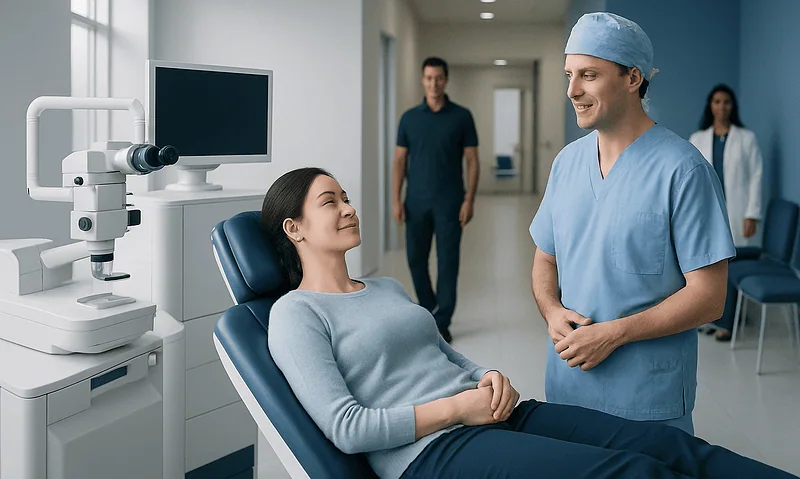 Patient in consultation with LASIK eye surgery specialist in hospital.