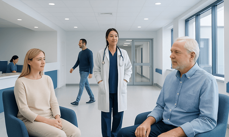 Doctor consulting with a patient in a modern hospital corridor.