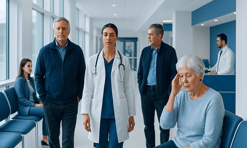Geriatric patient experiencing memory issues in a hospital waiting area.