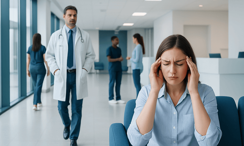 Woman with headache in hospital waiting area with doctors in background.