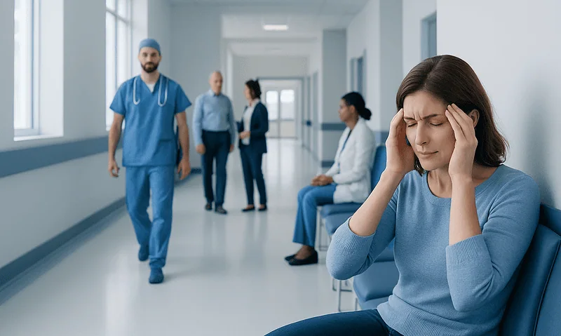 Woman with headache in hospital corridor with medical staff in background.