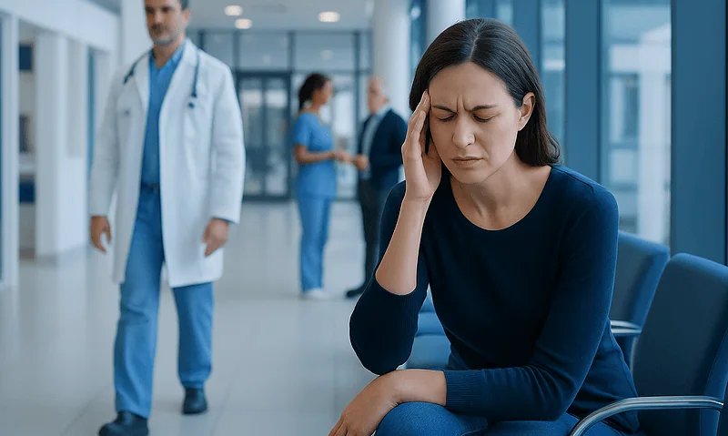 Woman with headache sitting in hospital waiting area with medical staff nearby.