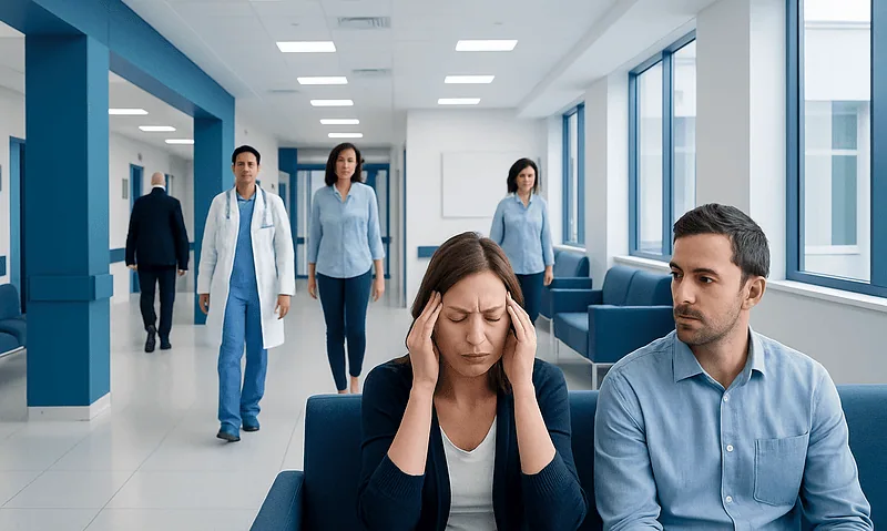 Patient with headache in a hospital waiting area with medical staff nearby.