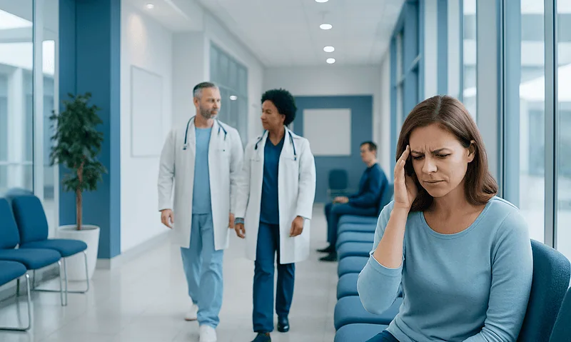 Woman with headache in hospital waiting area, healthcare professionals in background.