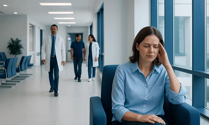 Woman with headache sitting in hospital corridor near window.