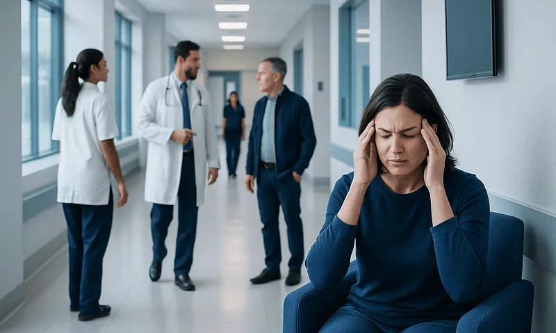 Woman with headache in hospital corridor with doctors and staff nearby.