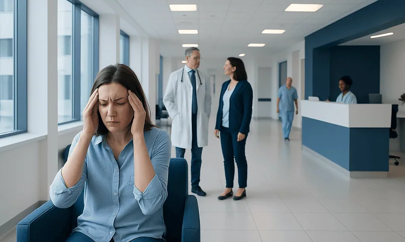 Young woman with headache sitting in hospital corridor at Acibadem Hospitals Group.