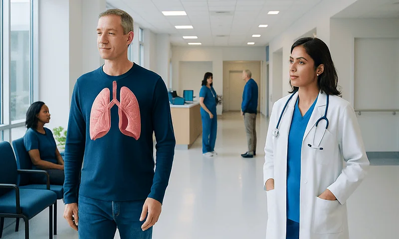 Patient with lung model in hospital corridor during consultation.