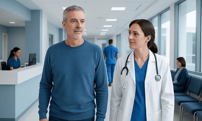 Patient consulting with doctor in hospital corridor.