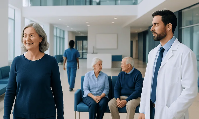 Friendly hospital staff and patients in a modern healthcare facility.