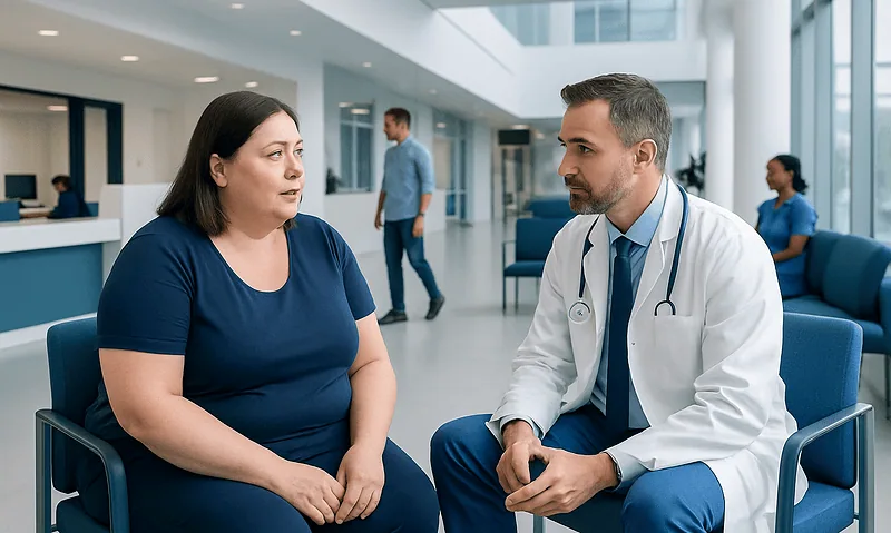 Doctor consulting a patient about weight loss options at Acibadem Hospital.